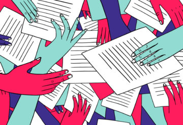 many hands reaching for and sharing papers