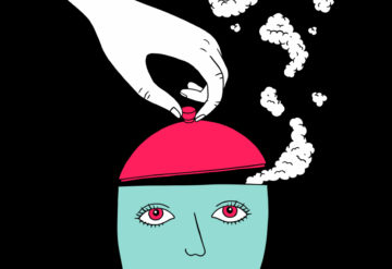 a green head has a 'top' that is red--and a hand is lifting the top to let steam out.