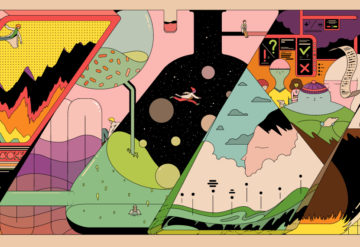 Busy lab scene illustration shows researchers scaling walls and clinical trials underway in a fantastical image
