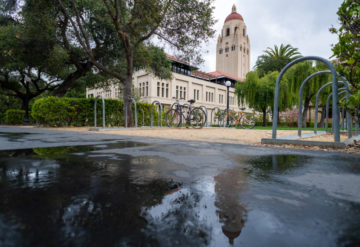 Scene showing empty bike racks on Stanford campus.