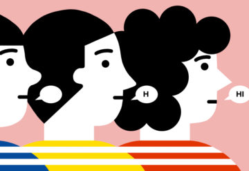 three children in profile with speech bubbles: one is empty, one contains one letter, and one contains the word 'hi" to illustrate various levels of verbal ability.
