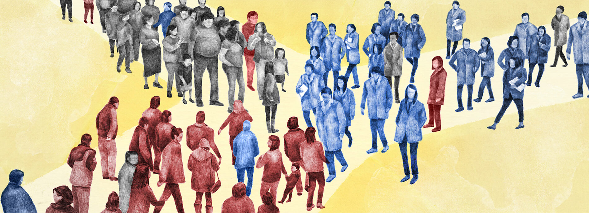 Three groups of people meet and mix at a crossroads.